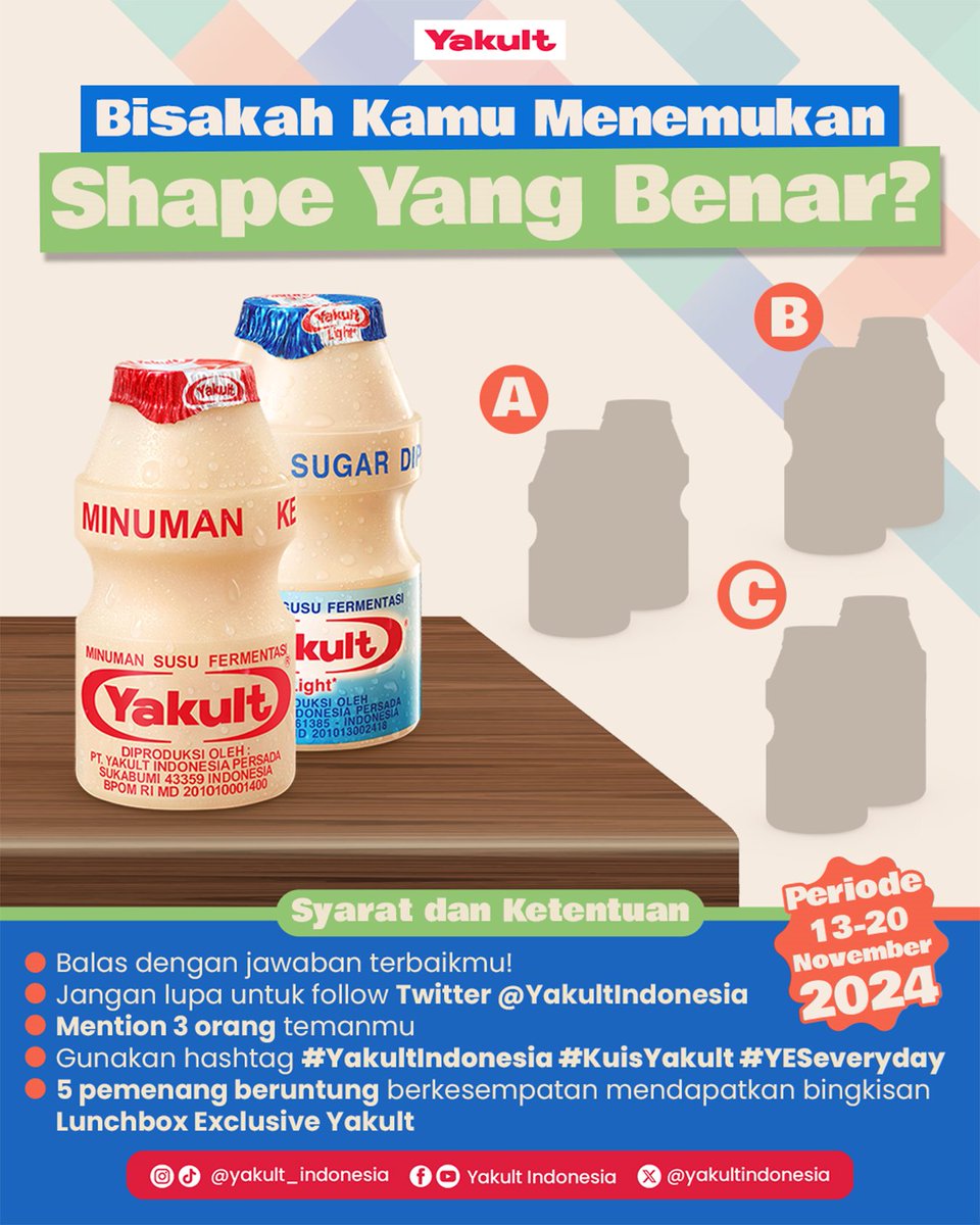 YakultIndonesia's tweet photo. Halo warga Twitter, #KuisYakult hadir kembali nih! Yuk ikutan kuisnya. Buat cara ikutannya simak keterangan pada gambar yaa. Periode 13-20 November 2024 👀

Tunggu apa lagi, yuk ikutan! 😍

#YakultIndonesia #YESeveryday https://t.co/j9wjbPvD8F
