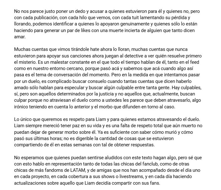 ArgentinaLiamP's tweet photo. De parte del staff de Liam Payne Argentina queríamos comunicar nuestra postura sobre toda la información que se está compartiendo sobre Liam últimamente, tanto como de parte de los medios como del propio fandom. https://t.co/puXPP09jeA