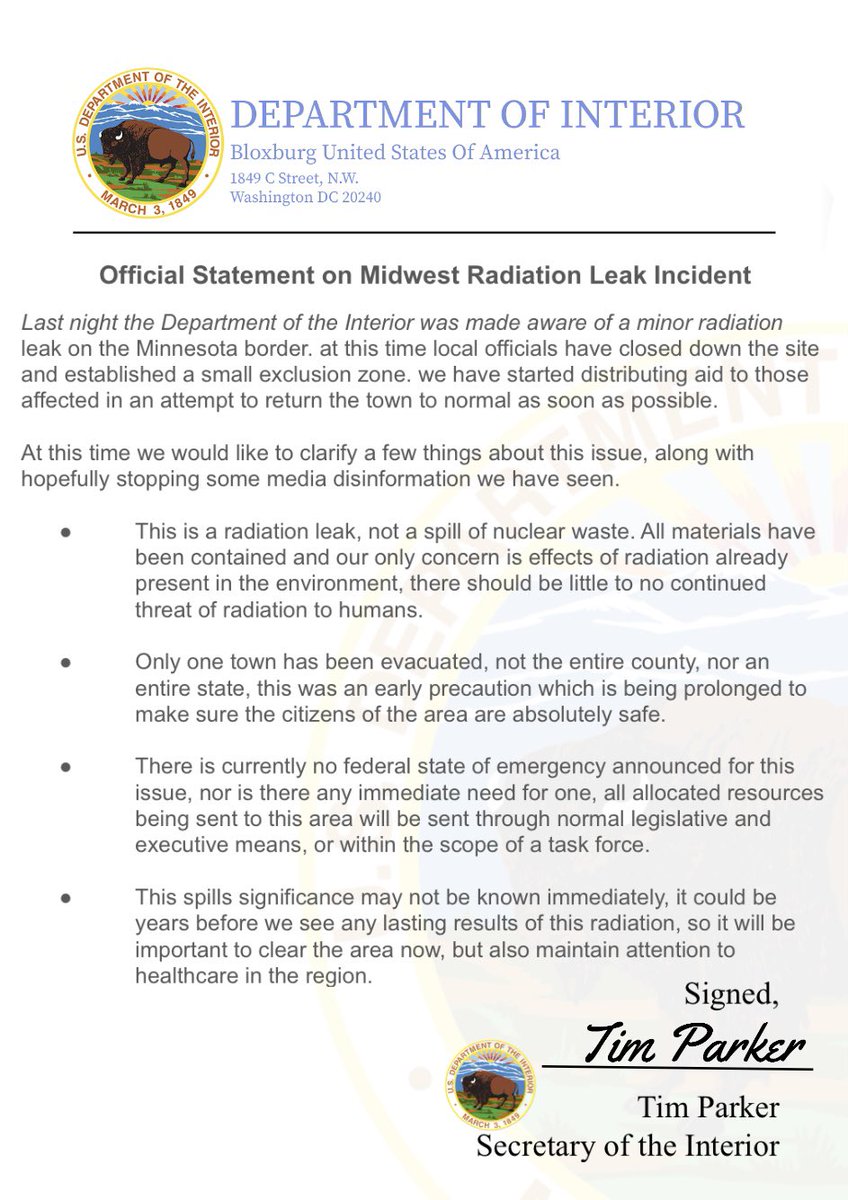 From the Desk of the Secretary of the Interior addressing the recent radiation crisis.