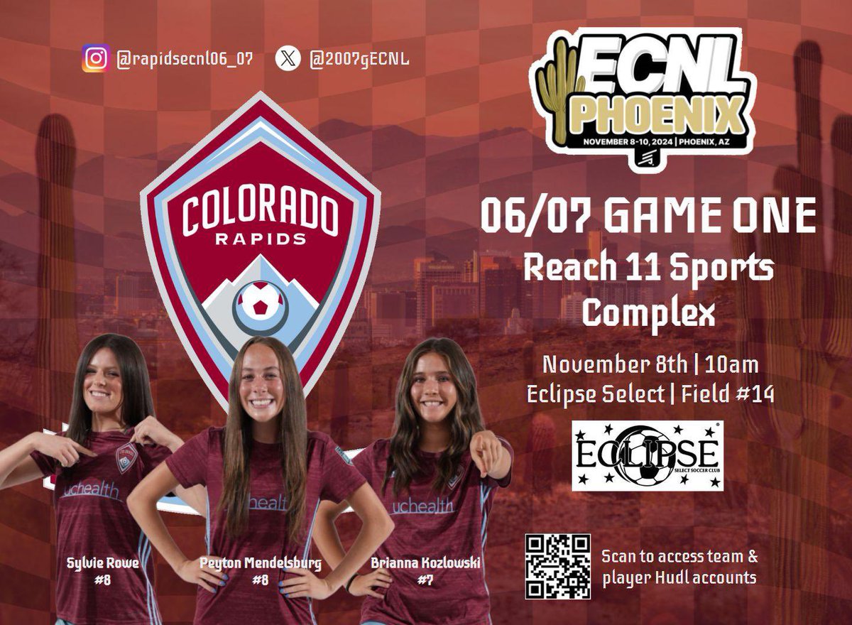 First match in Phoenix is tomorrow at 1000! Come check out this talented squad. Let’s go Rapids! <a href="/RapidsYouthClub/">Rapids Youth Soccer</a> <a href="/ECNLgirls/">ECNL Girls</a> <a href="/ImCollegeSoccer/">College Soccer Truth ™</a> <a href="/ImYouthSoccer/">ECNL/GA/Recruiting/College Soccer</a> <a href="/TopDrawerSoccer/">TopDrawerSoccer</a> <a href="/TheSoccerWire/">SoccerWire</a>