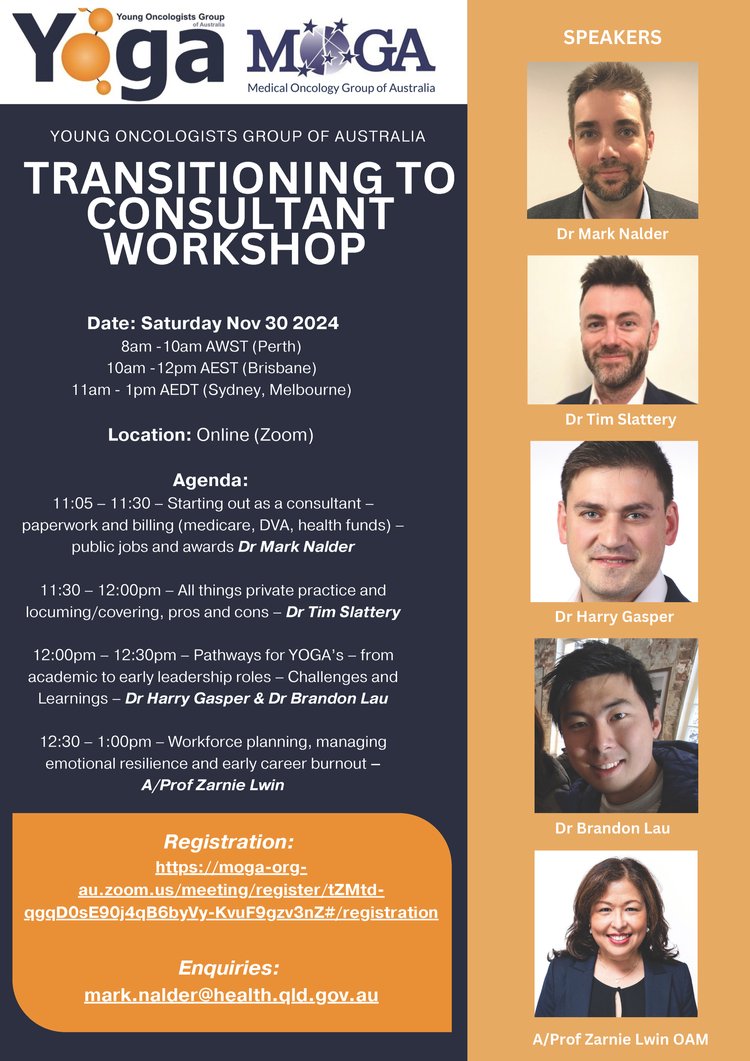 Medical Oncology Group of Australia (@moga_org) on Twitter photo Young Oncologists Group of Australia (YOGA) is running a Transitioning to Consultant Workshop on Sat 30 November!
Location: Online
11am - 1pm AEDT
More Info/Register:
moga.org.au/transitioning-…
<a href="/ausyoungoncs/">ausyoungoncs</a> Young Oncologists Group of Australia (YOGA) is running a Transitioning to Consultant Workshop on Sat 30 November!
Location: Online
11am - 1pm AEDT
More Info/Register:
moga.org.au/transitioning-…
<a href="/ausyoungoncs/">ausyoungoncs</a>