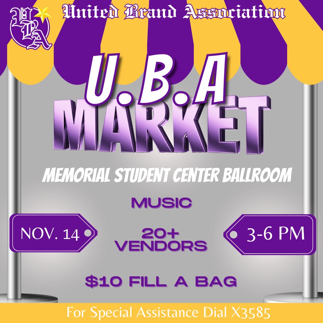 OfficialPVUBA's tweet photo. OUR BIGGEST MARKET OF THIS SEMESTER !! 

Make sure you don’t miss this UBA MARKET 🌟

📍: Memorial Student Center Ballroom
🗓️: November 14 (Thursday) 
⏰: 3pm-6pm 

🌟$10 Grab Bag
🌟20+ Vendors
🌟Music

Have fun, network, eat, and shop. !! An event you don't want to miss🔥 https://t.co/da6ypPNmEw