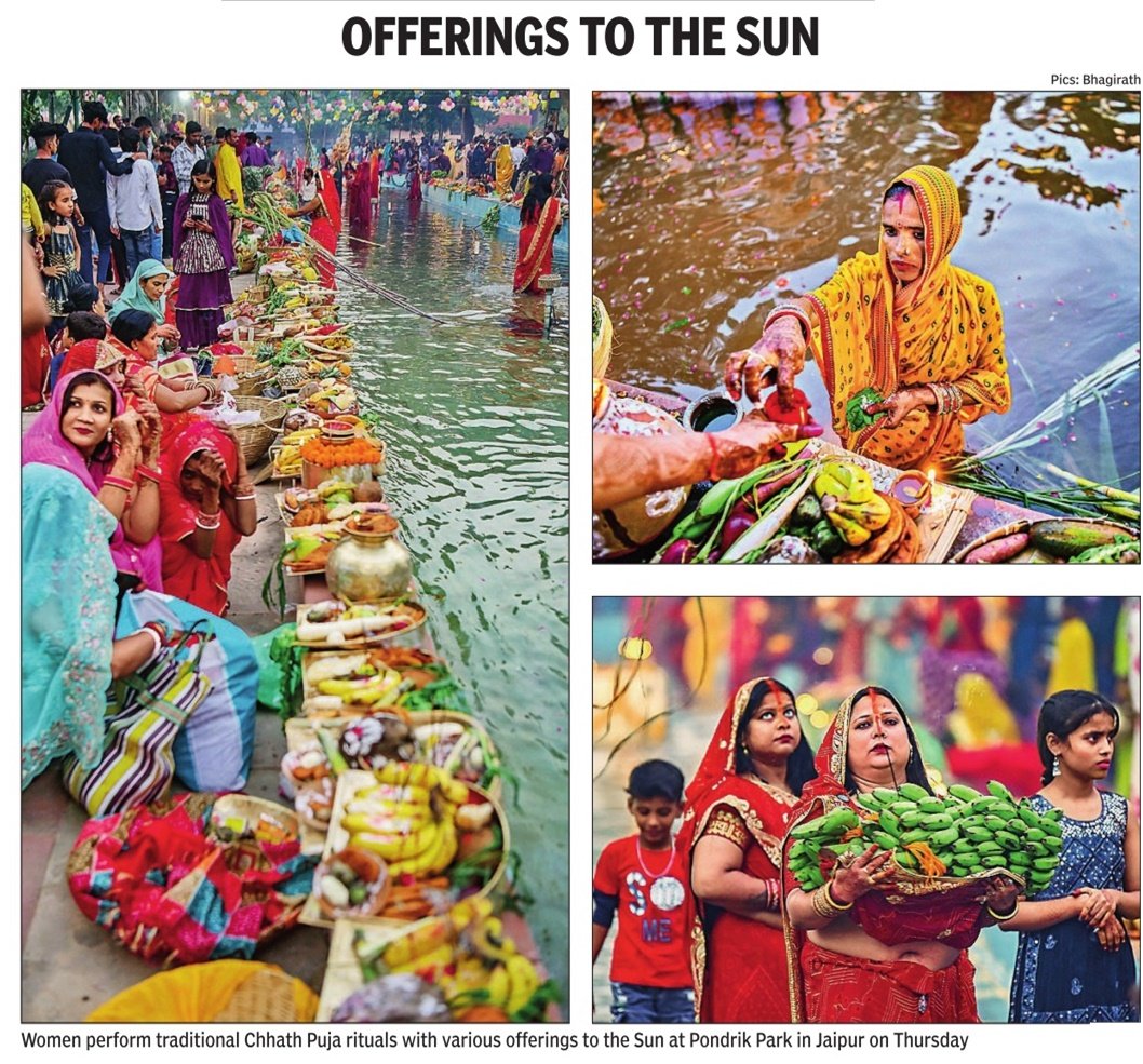 basnetbhagirath's tweet image. OFFERINGS TO THE SUN

Women perform traditional Chhath Puja rituals with various offerings to the Sun at Pondrik Park in Jaipur on Thursday