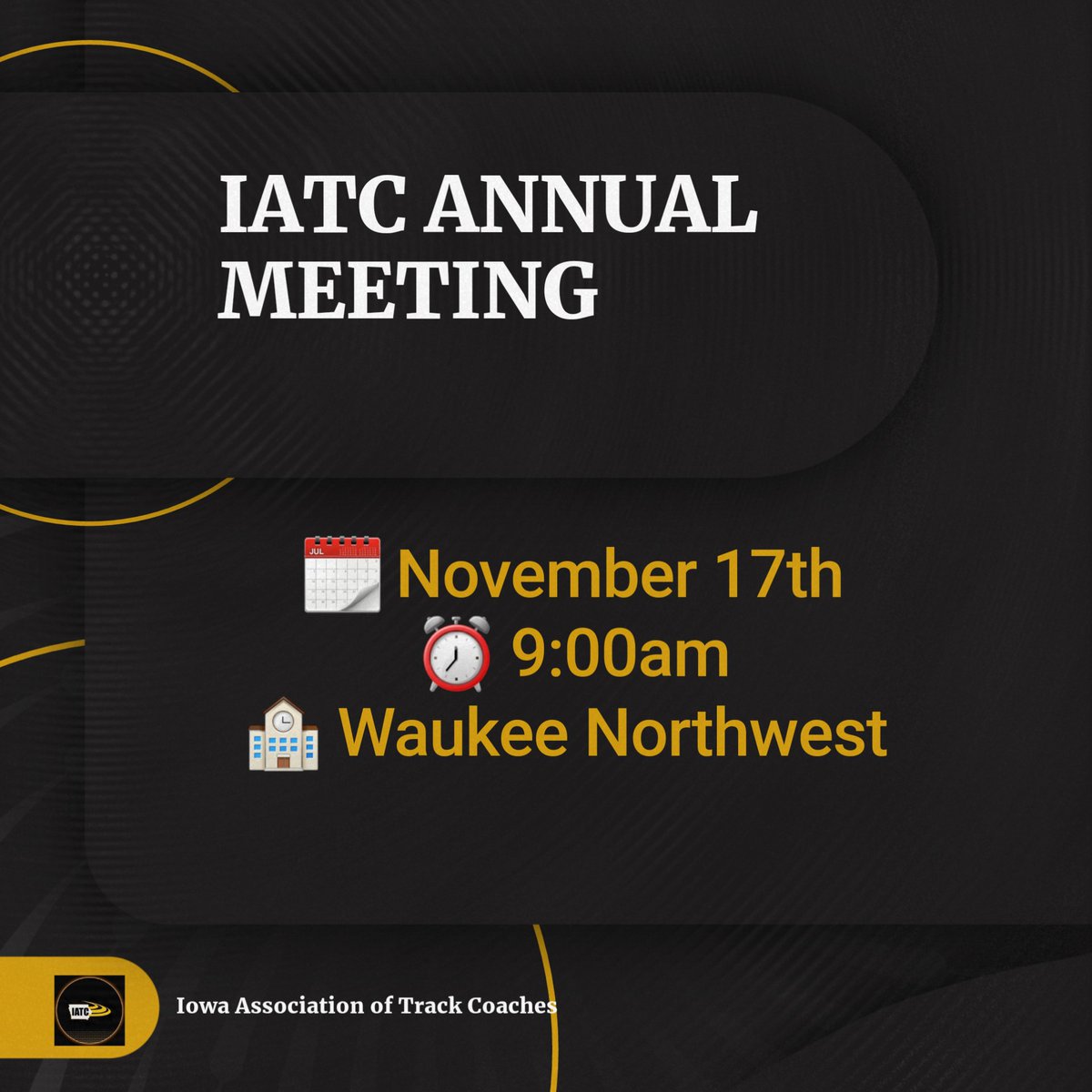 🏅IATC Annual Meeting, 
Nov 17, 9:00 am at Waukee Northwest! 
XC season recap, Coach of the Year voting, with live stream access. 

Plus, Panchero's for lunch! 🌯