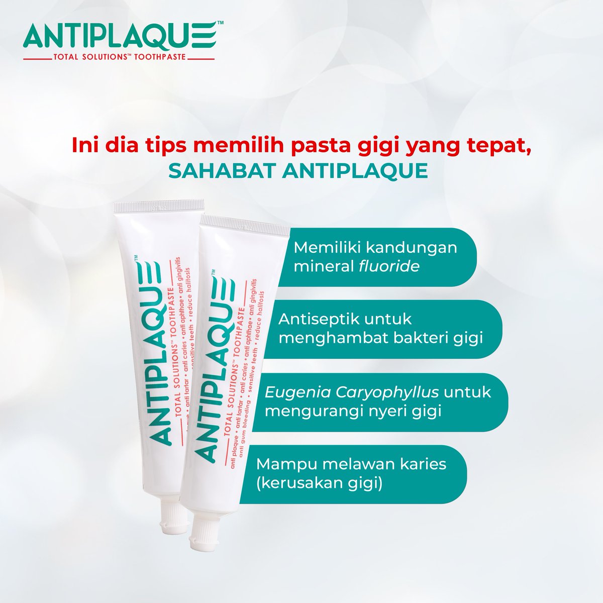 AntiplaqueTST's tweet photo. Inilah tips memilih pasta gigi yang tepat, Sahabat Antiplaque!

Pastikan pasta gigi kamu memiliki kandungan mineral fluoride, antiseptik untuk menghambat bakteri gigi, serta Eugenia Caryophyllus untuk mengurangi nyeri gigi. https://t.co/UeXkbbw53X