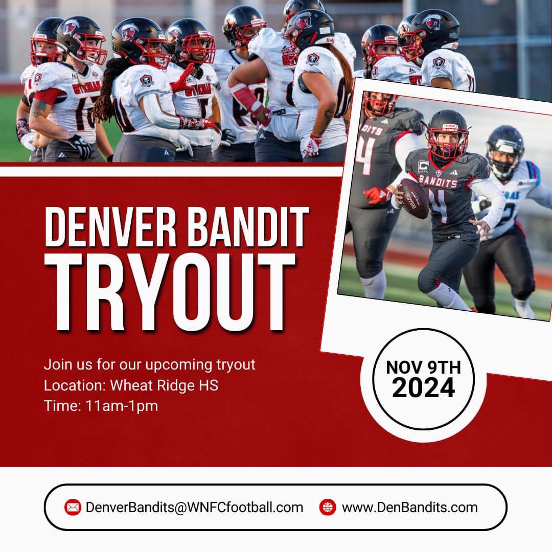 Denver Bandits' tryouts for the 2025 season are this Saturday! If you're interested in playing for a championship contending team in the best league for women's tackle football, the WNFC register here:

forms.gle/rAcjim1dZ96aBh…

Reach out with any questions!

GO BANDITS!