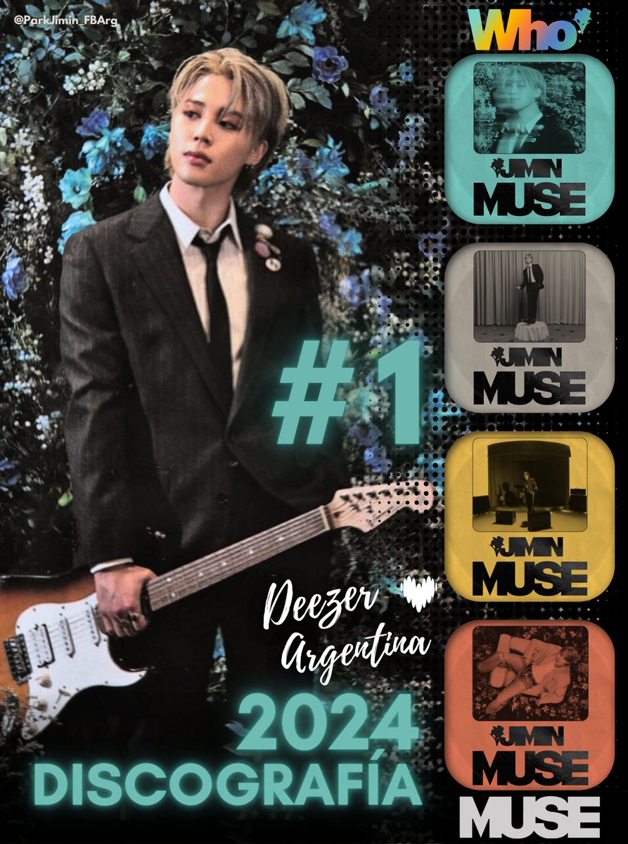 ParkJimin_FBArg's tweet photo. 🇦🇷|| Toda la discografía de #JIMIN del 2024 alcanzó el #1 en el Top 100 de DEEZER ARGENTINA! 🎉

#1. MUSE 👑
#1. MUSE Remixes 👑
#1. MUSE Wander 👑
#1. MUSE Wonder 👑

Gracias a nuestro grupo de Deezer por su apoyo constante! 🫂

CONGRATULATIONS JIMIN
#Jimin_Who #Jimin_MUSE https://t.co/QqpAO7U2zV