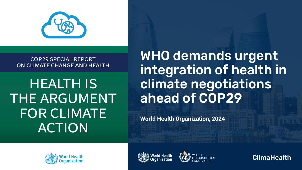 ClimaHealth.info (@climahealth) on Twitter photo Our health is not negotiable.
Ahead of #COP29, <a href="/WHO/">World Health Organization (WHO)</a> calls for an end to fossil fuel reliance and urgent action towards people-centred adaptation and resilience.
Find this report and more #HealthAtCOP29 news, events and resources: climahealth.info/cop29/ Our health is not negotiable.
Ahead of #COP29, <a href="/WHO/">World Health Organization (WHO)</a> calls for an end to fossil fuel reliance and urgent action towards people-centred adaptation and resilience.
Find this report and more #HealthAtCOP29 news, events and resources: climahealth.info/cop29/