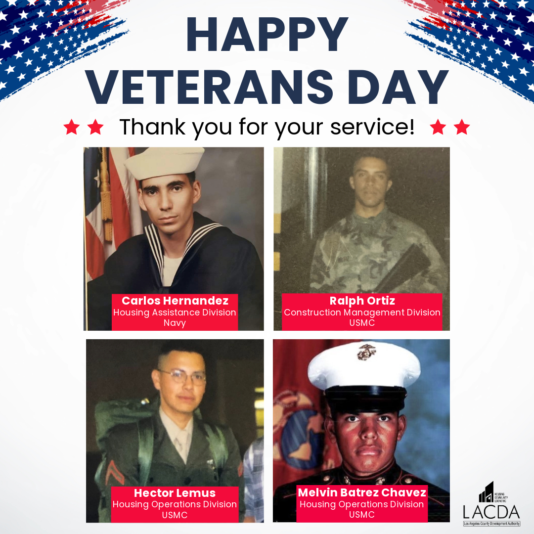 LACDevAuthority's tweet image. Happy early #VeteransDay 🫡🎖️! The #LACDA is honored to observe Veterans Day and would like to thank all veterans for their service and bravery. To all the LACDA veterans, a special thank you for your service and sacrifice. As a reminder, our offices will be closed on 11/11/24.