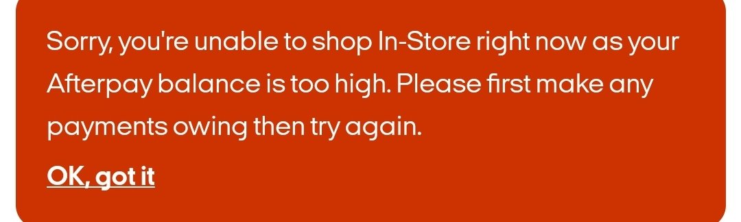 realmccoy1981's tweet photo. @afterpay_au I am getting the current error. I have no outstanding payments due and have available credit. Can you please advise https://t.co/RGzugYD8X7