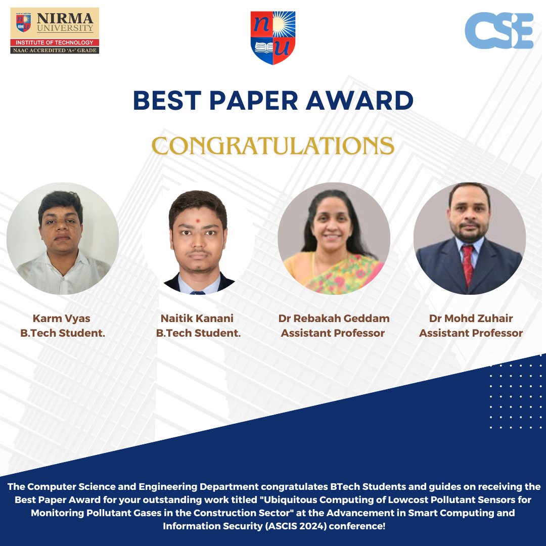 CSEITNU's tweet image. Congratulations! Our BTech students & guides won Best Paper Award @ ASCIS 2024 for "Ubiquitous Computing of Low-cost Pollutant Sensors"!
#BestPaperAward #ASCIS2024 #SmartComputing #IoT #Sustainability