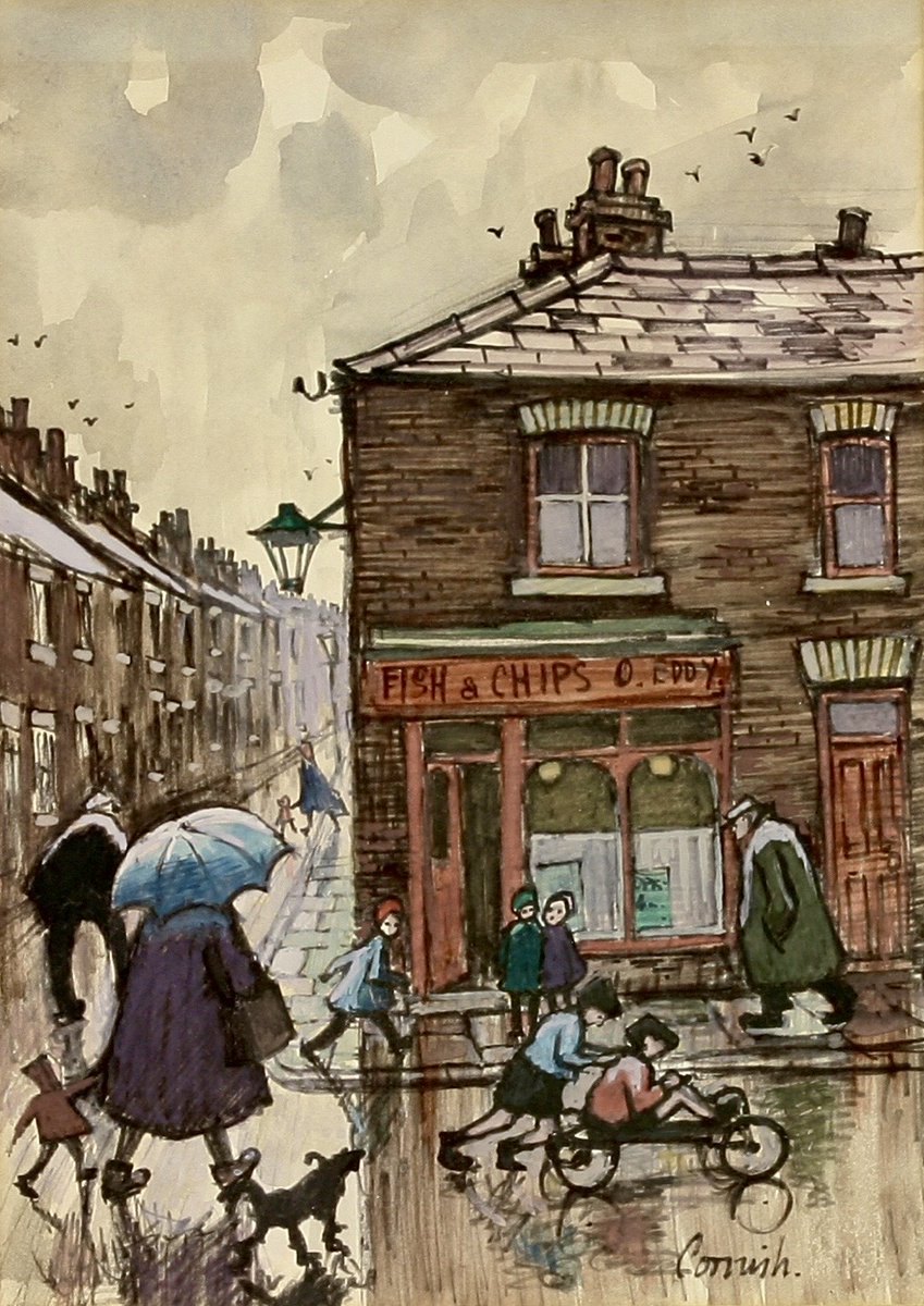 Leaders may rise and fall, but #ChippyTeaFriday🥳 remains!  

We’ve had most ‘Eddy’s’ variants by Norman on here, but this was a new one on me 😍

Fish &amp; Chip Shop (Watercolour &amp; Bodycolour) by Norman Cornish (1919 - 2014) #FishAndChipArt😋