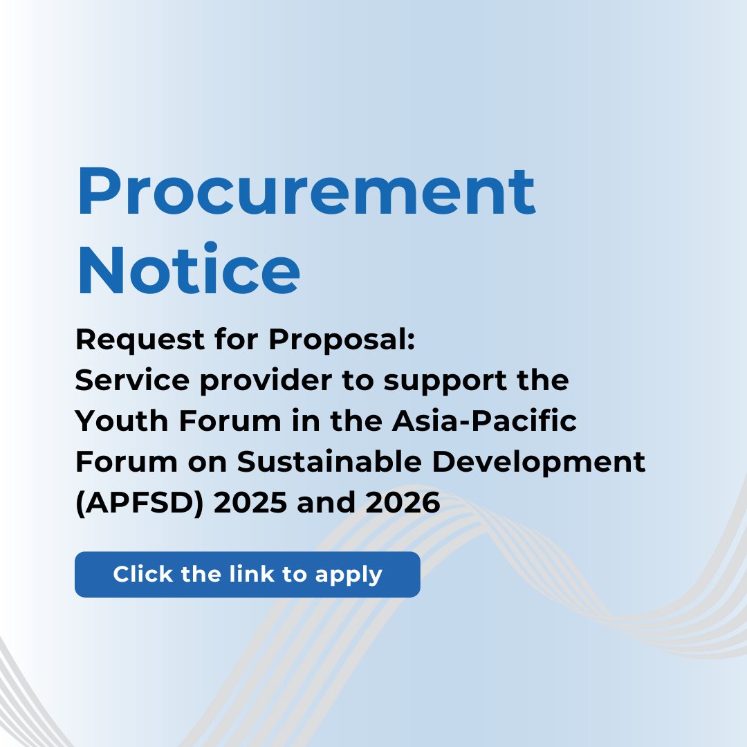 YECAP_AP's tweet image. 📣 UNDP Bangkok Regional Hub is looking for a service provider to support the #APFSD #YouthForum in 2025 and 2026 under YECAP.

⏰ Apply now by 21 Nov. 2024 at 10:40AM (NY time).

 For more details, please visit: procurement-notices.undp.org/view_negotiati…

#RequestForProposal
