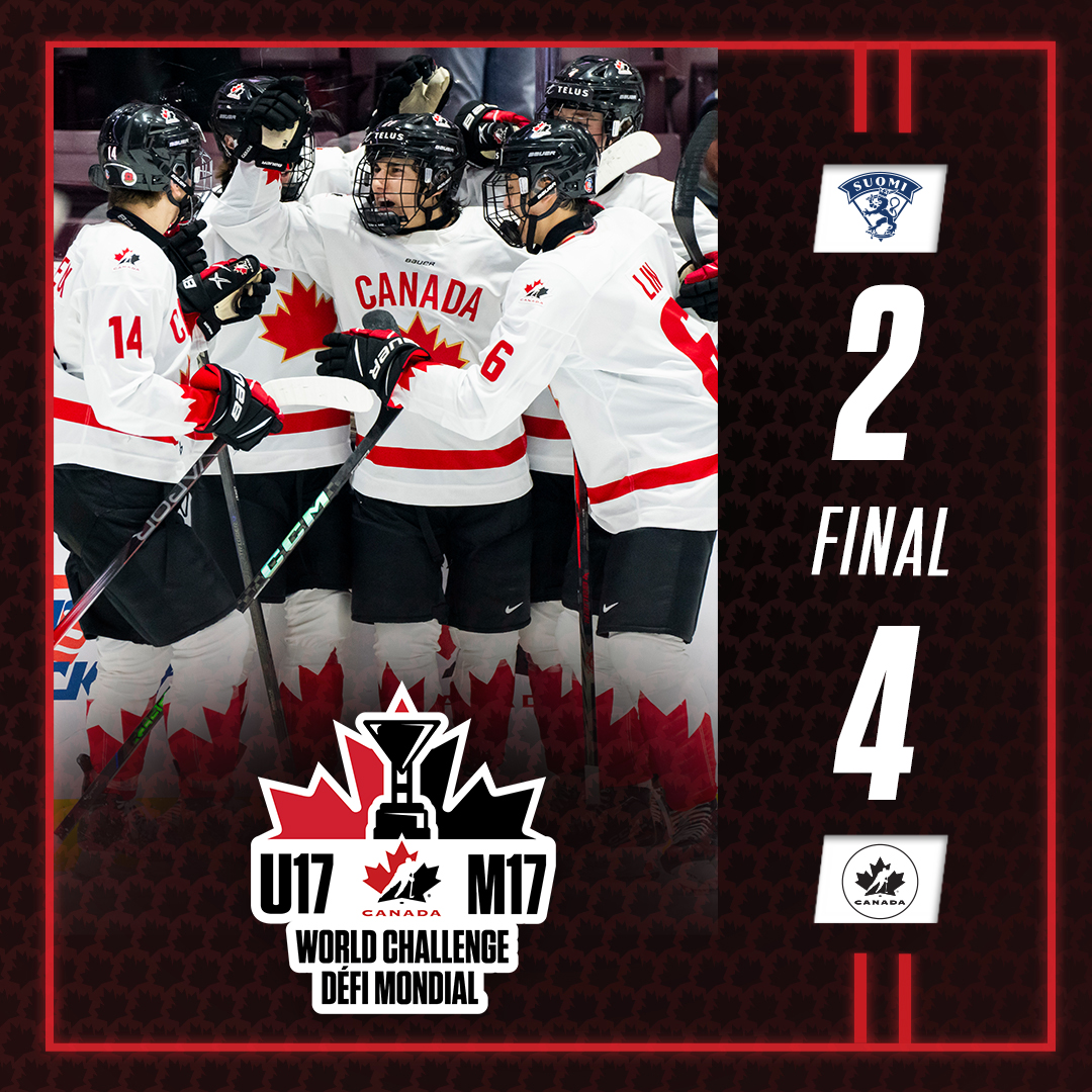 GAME OVER! Mathis Preston scores twice to lead 🇨🇦⚪️ past 🇫🇮 and into the semifinals.

MATCH FINI! Mathis Preston inscrit un doublé pour 🇨🇦⚪️, qui bat la 🇫🇮 et passe en demi-finale.

📊 hc.hockey/U17Stats2408 
📊 hc.hockey/StatsM172408 

#WorldU17 | #MondialM17