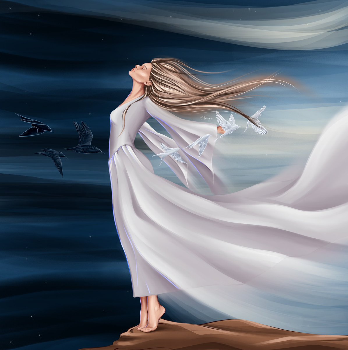 «The Way to the Dream» ✨

The illustration depicts a girl standing against the background of a dark starry sky. Her hair is fluttering in the wind, and her facial expression reflects hope and dreaminess. Birds fly through her figure, first black, symbolising the difficulties and