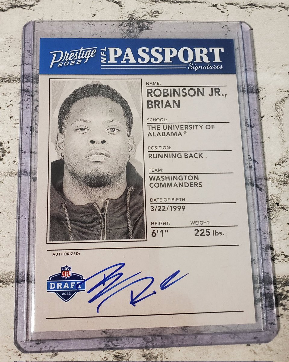 NewCultureAgain's tweet image. If the Commanders beat the Steelers this week I'll send this Brian Robinson Jr NFL passport autograph to a random fan who likes and RTs this. (Must be following and like and RT this to have a chance) I'll let one of my daughters pick so it's fair. Commanders fans only! Goodluck!!