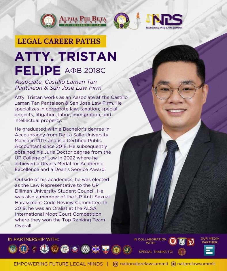 natprelawsummit's tweet photo. The #NPLS2024 is proud to feature Brod Atty. Tristan Felipe AΦB 2018C as one of our panelists for the Legal Career Paths session. He is an Associate at the Castillo Laman Tan Pantaleon &amp; San Jose Law Firm, one of the leading law firms in the country. 

See you, future lawyers! https://t.co/pUUDtWnqqH
