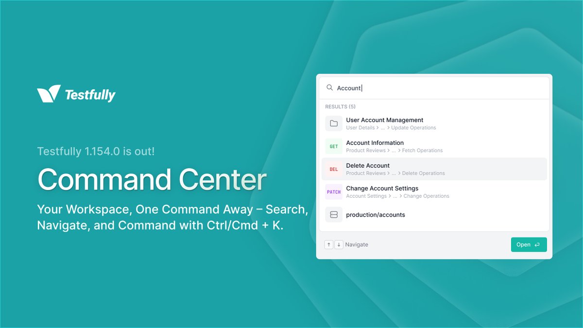 Your workspace, one command away - Search, navigate and command with ctrl/cmd + K! We just published Testfully 1.154.0. Update now to get the new Testfully Command Center.  docs.testfully.io/docs/command-c…