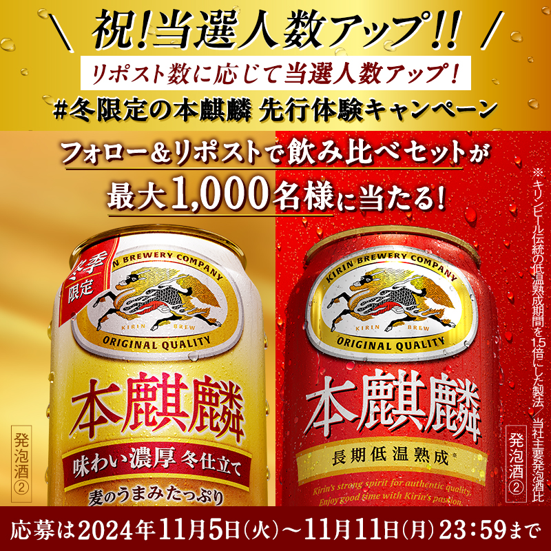 Kirin_Brewery's tweet photo. ＼🎊30万リポスト突破🎊／

おめでとうございます🎉
当選人数200人追加です！

次は、ラスト45万リポスト突破で当選人数がさらに500人追加！

発売前の #冬限定の本麒麟 を含む飲み比べセットが当たるチャンス🎉

みなさんのフォロー＆リポストでさらに当選人数がUP！

結果はすぐ返信で届く