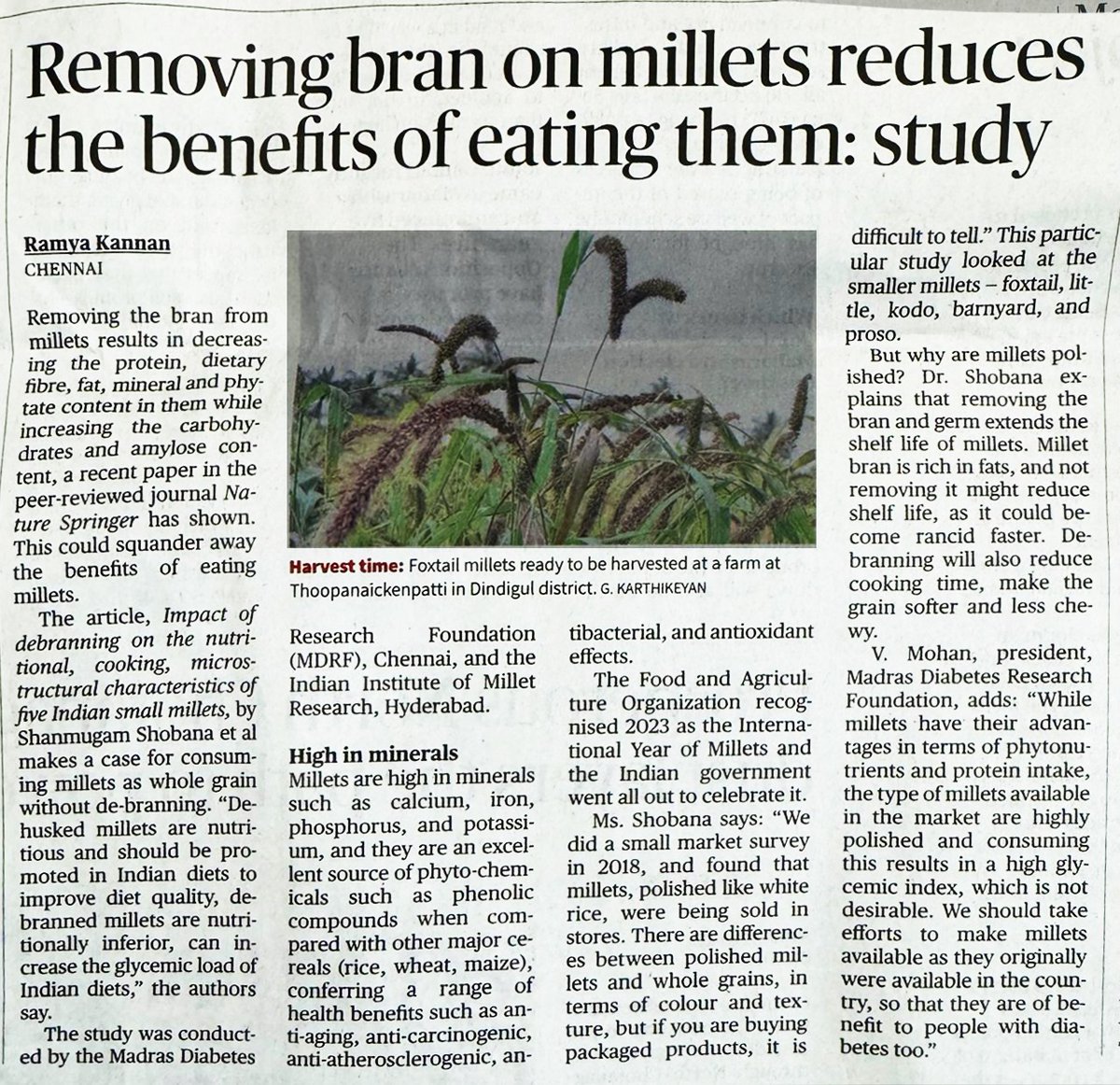 drmohanv's tweet image. @ramyakannan at &quot;@the_hindu&quot; has covered our article on #millets showing that while millets are undoubtedly healthy and should be encouraged, it is important not to remove the outer coating of millets (bran), as that would increase the #glycemicindex of millets. It is important…