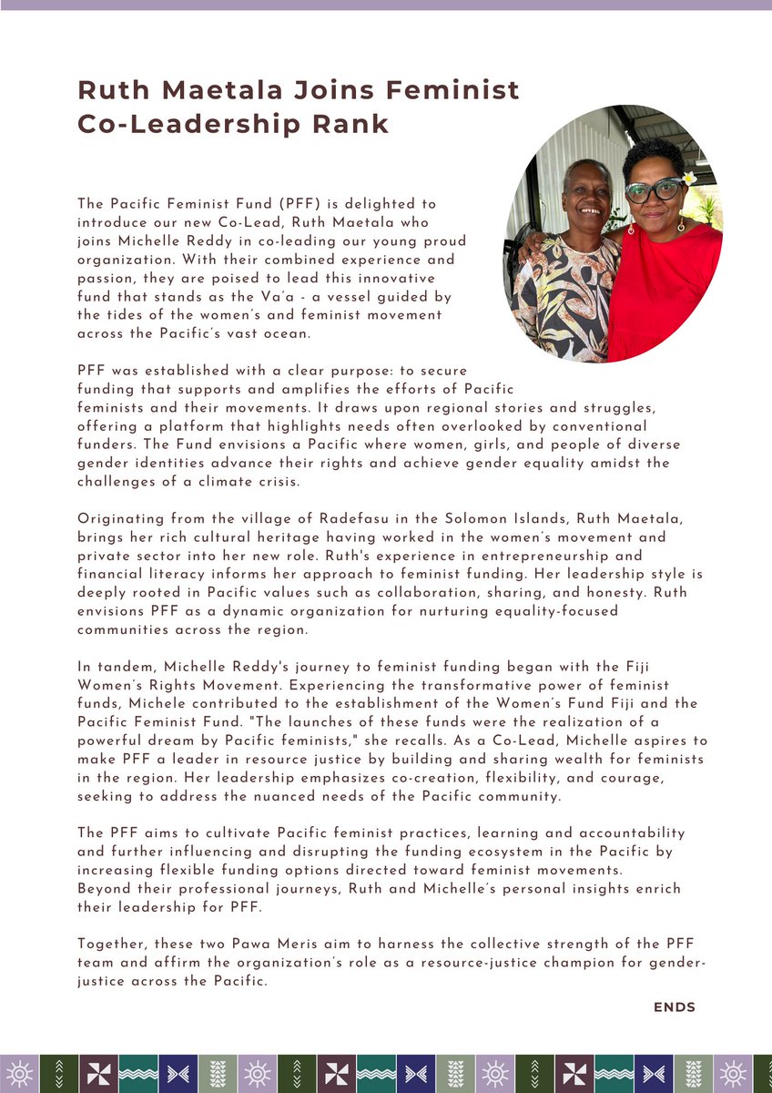 PacFemFund's tweet photo. Introducing our new Co-Lead, Ruth Maetala who joins Michelle Reddy in co-leading our young proud org. These 2 #PawaMeris aim to harness the collective strength of the PFF team &amp; affirm our role as a resource-justice champion for #genderjustice across the #Pacific.
#feministnews https://t.co/uP7I3OcSmb