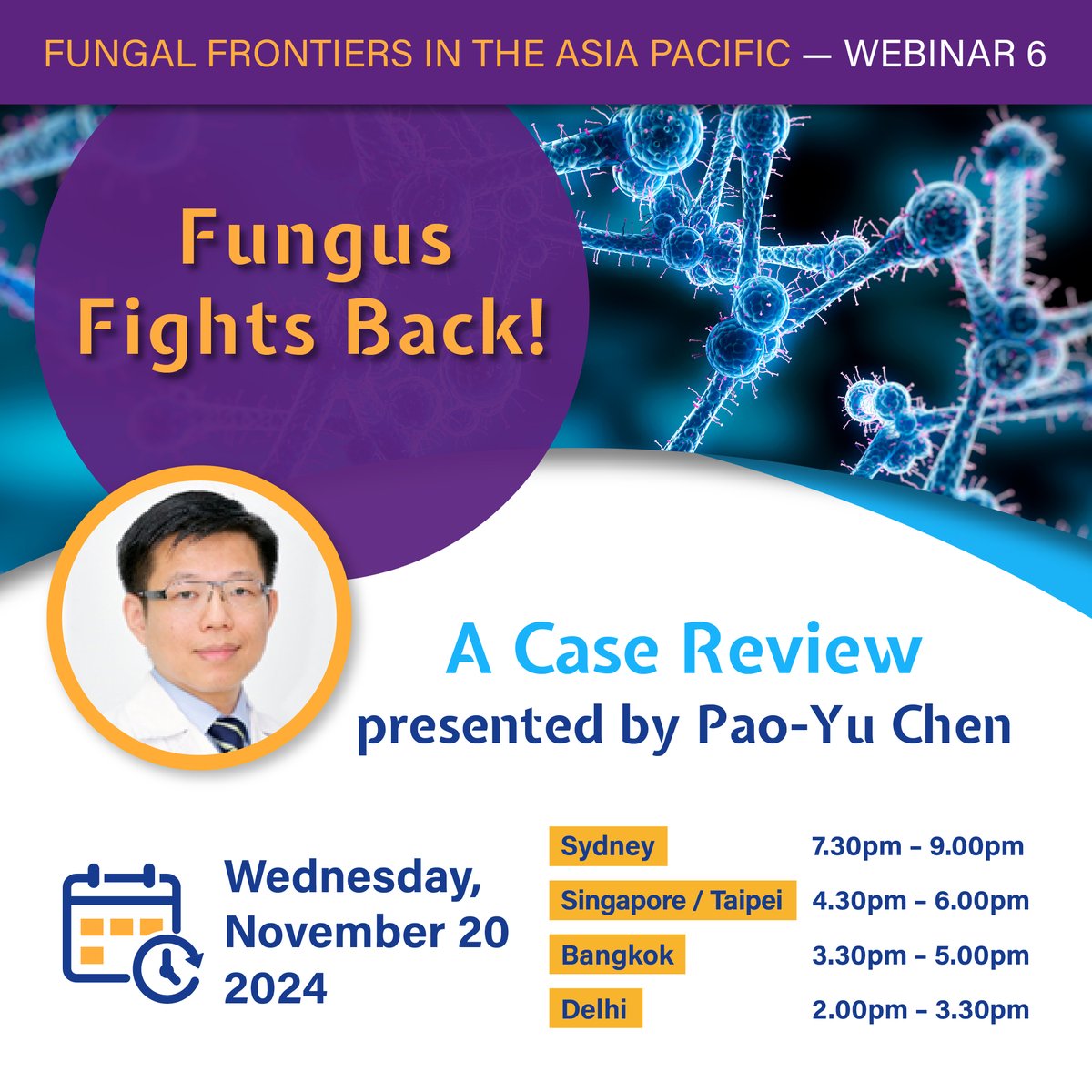 Join us for the latest Fungal Frontiers in the Asia Pacific, our joint webinar with <a href="/ASIDANZ/">ASIDANZ</a>, on a complex fungal case from Taiwan.

Register now to tune in to a live discussion from top experts in #medicalmycology: bit.ly/3UHtG7i.

#thinkfungus #invasivefungalinfections