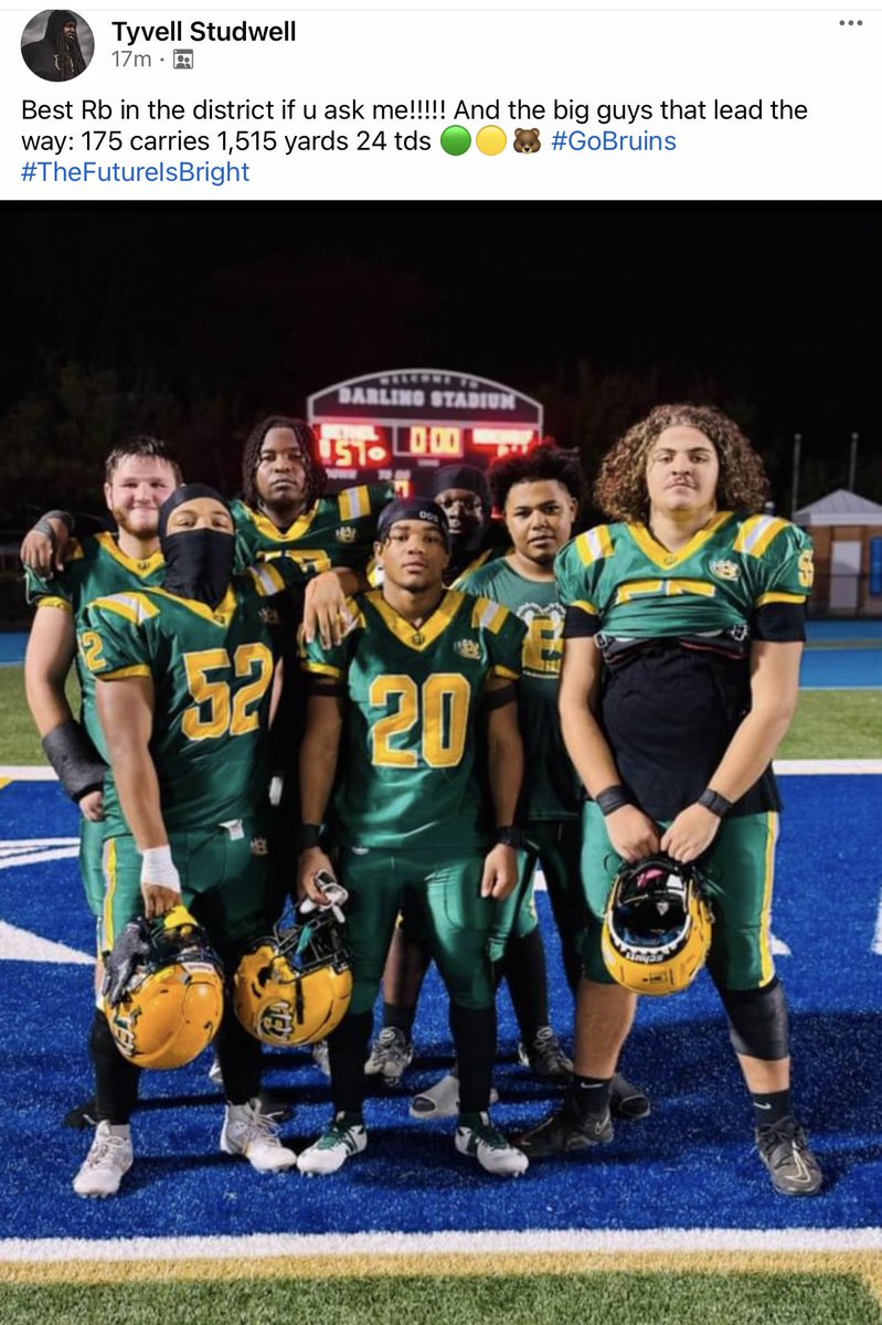 Amari Pryear RB 26β (@amaripryear) on Twitter photo I DID IT!!! SHOUT OUT TO MY O LINE!!!!
MY GOAL WAS 1500 YARDS RUSHING IN THE REGULAR SEASON.. I EXCEEDED IT BY 15 YARDS..
HARD WORK, DETERMINATION, DEDICATION and my RESILIENCE PAID OFF..PLAYOFFS HERE WE COME!!!
WORK!!!! (In Pursuit of Greatness)
<a href="/coachporterWR/">David Porter</a> <a href="/Bethel_BruinsFB/">Bethel Bruins Football</a> I DID IT!!! SHOUT OUT TO MY O LINE!!!!
MY GOAL WAS 1500 YARDS RUSHING IN THE REGULAR SEASON.. I EXCEEDED IT BY 15 YARDS..
HARD WORK, DETERMINATION, DEDICATION and my RESILIENCE PAID OFF..PLAYOFFS HERE WE COME!!!
WORK!!!! (In Pursuit of Greatness)
<a href="/coachporterWR/">David Porter</a> <a href="/Bethel_BruinsFB/">Bethel Bruins Football</a>
