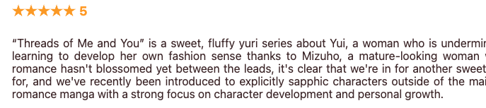 yuri_hub's tweet photo. ✨ Review Highlights ✨
We received 2 wonderful reviews on Renta! for "Threads of Me and you"! 💖
Add review and share your thoughts as well!
#AyuInui #犬井あゆ https://t.co/V5CSkBA2M2