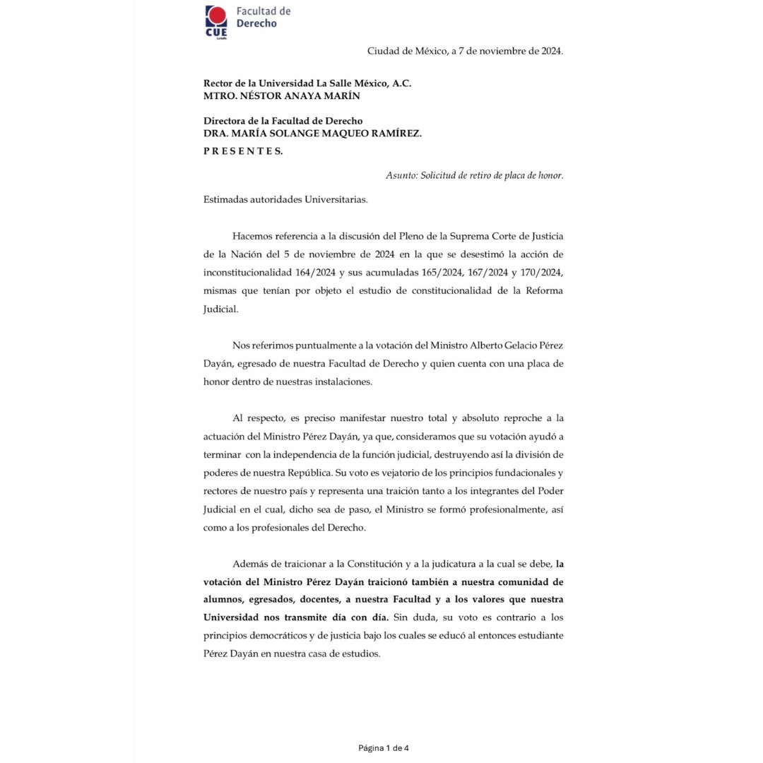 CUEDerechoULSA's tweet photo. En nuestra calidad de alumnos, egresados, docentes y miembros de la comunidad Lasallista, solicitamos con respeto y responsabilidad se retire de forma inmediata y permanente la placa colocada en nuestra Facultad de Derecho en honor del Ministro Alberto Gelacio Pérez Dayán. https://t.co/73D6slg5cR