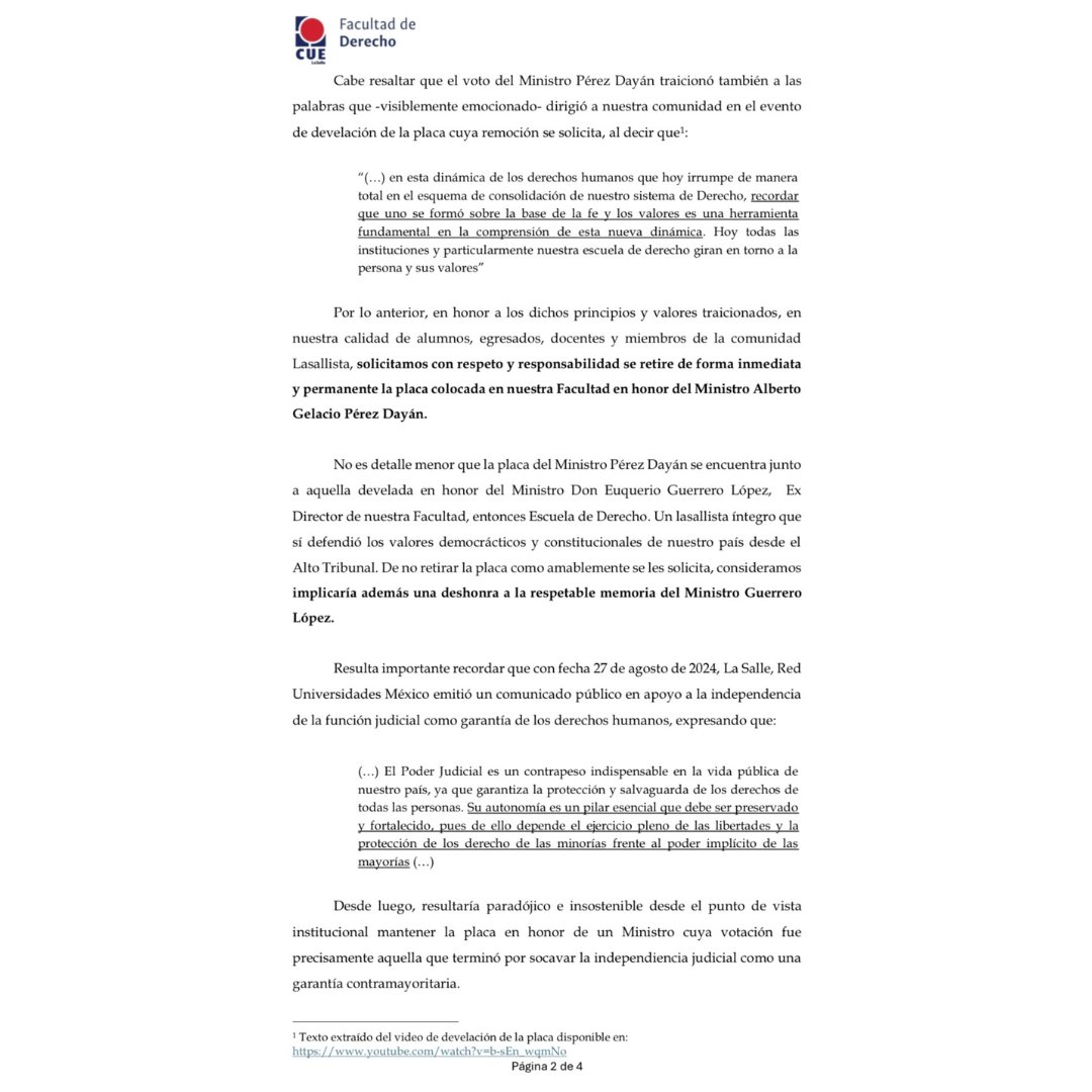 CUEDerechoULSA's tweet photo. En nuestra calidad de alumnos, egresados, docentes y miembros de la comunidad Lasallista, solicitamos con respeto y responsabilidad se retire de forma inmediata y permanente la placa colocada en nuestra Facultad de Derecho en honor del Ministro Alberto Gelacio Pérez Dayán. https://t.co/73D6slg5cR