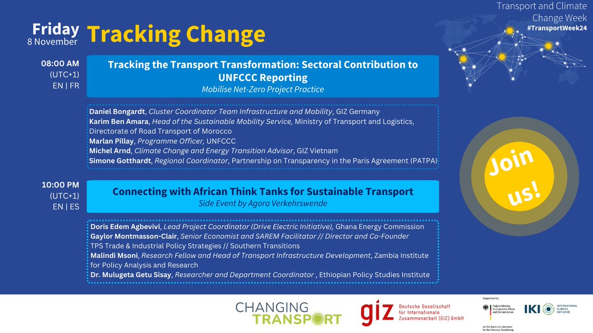 giztransport's tweet photo. 🌍 Final day of #TransportWeek24: "Tracking Change"!
Today’s sessions focus on tools to monitor transport emissions & African think tanks' role in sustainable mobility.
#ConnectingtheDots for impactful climate action➡️ https://t.co/3nup8JJGyw https://t.co/EAupkC1x7P