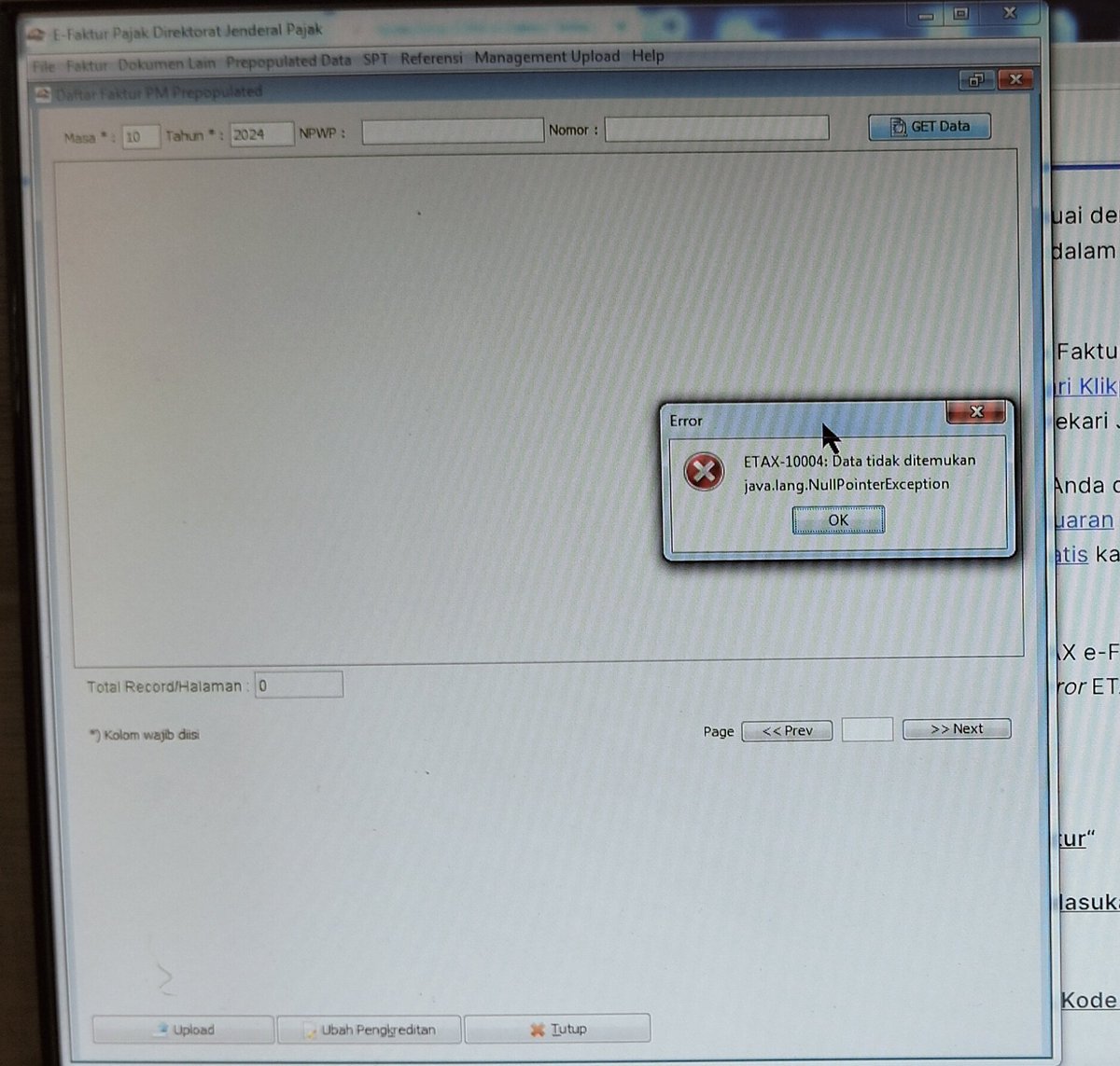 EP_shenlong's tweet photo. @kring_pajak Mohon bantuannya admin, untuk get data di prepopulated data perhari ini (08-10-2024) selalu muncul error message ETAX-10004 Data tidak ditemukan......
Padahal sehari sebelumnya (07-10-2024) masih bisa melakukan get data secara normal. https://t.co/GPm79R1jtu