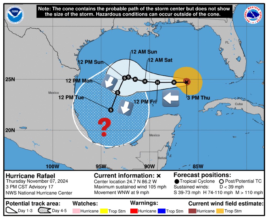 Meteorosilver's tweet photo. 🚨📷Huracán #Rafael se fortalece  Con desplazamiento al oeste, Rafael tiene viento de 165 km/h y ráfagas de 200 km/h, siendo un poco más fuerte que esta mañana.  Todo parece indicar que podria tocacr tierra en #Tamaulipas o #Veracruz https://t.co/j6JzoyxuRN