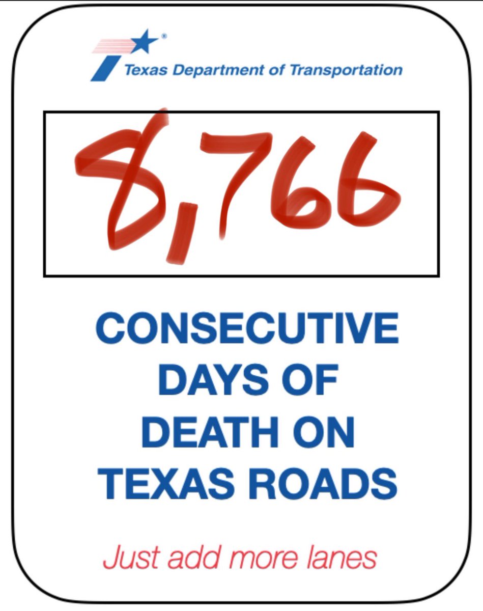 It’s the anniversary that <a href="/TxDOT/">TxDOT</a> has built the #EndTheStreak brand around. 24 years of daily death on TX roads, no end in sight with speed and expansion priorities ☹️