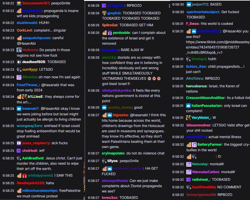 DrewPavlou's tweet image. Lets check in on Hasan Piker's chat. This is just FIVE SECONDS of it. 
''Based.'' ''Based.'' ''Based.'' 
''Awesome.'' ''TOO BASED.'' ''Fuck around find out.''  
This is the community that the largest online progressive media commentator has built up around him.