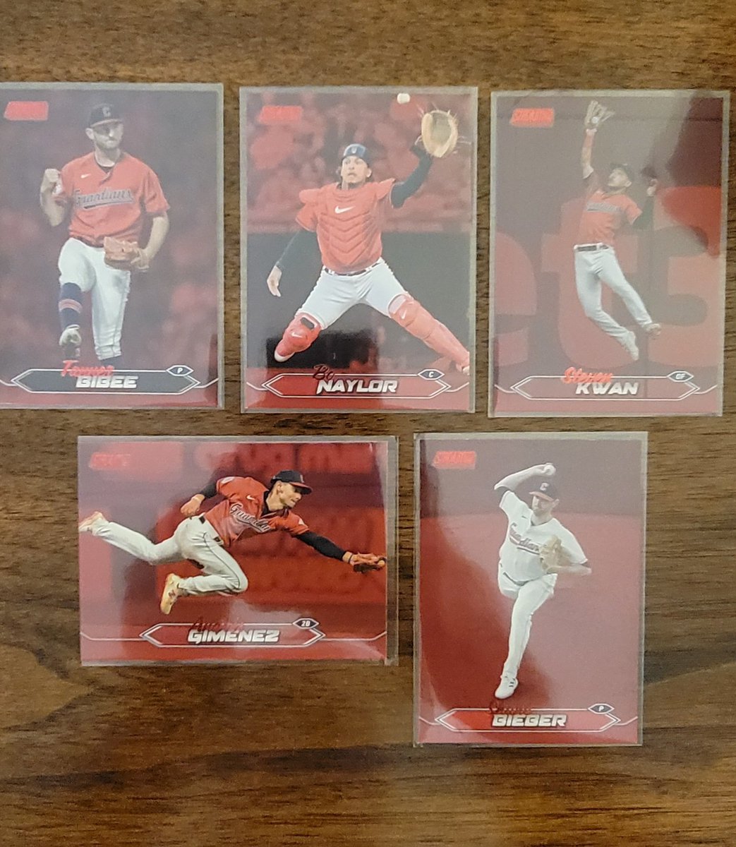 scottdpreece's tweet photo. @CardPurchaser @CleGuardians #preecepulls opened some @Topps 2024 Stadium Club hangers &amp; had 5 #Guardians red parallels! Nice color match but they need to find a new home in #Cleveland #Bibee #Naylor #Kwan #Gimenez #Bieber @MLB #TheHobby https://t.co/jbi5yzUpw6