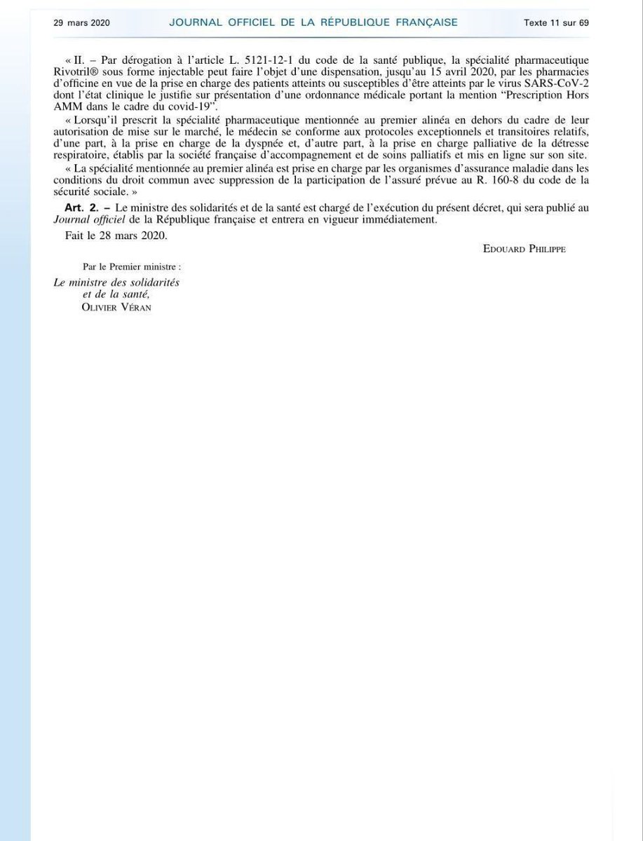 SinedWarrior's tweet photo. 1/n
Voici le décret Rivotril signé par Olivier Véran et Édouard Philippe 

Consultable également ici sur Légifrance

Les responsables de l’euthanasie de nos vieux doivent être jugés et punis, car c'est un crime d'avoir refusé de soigner https://t.co/F4MNR2QQeq