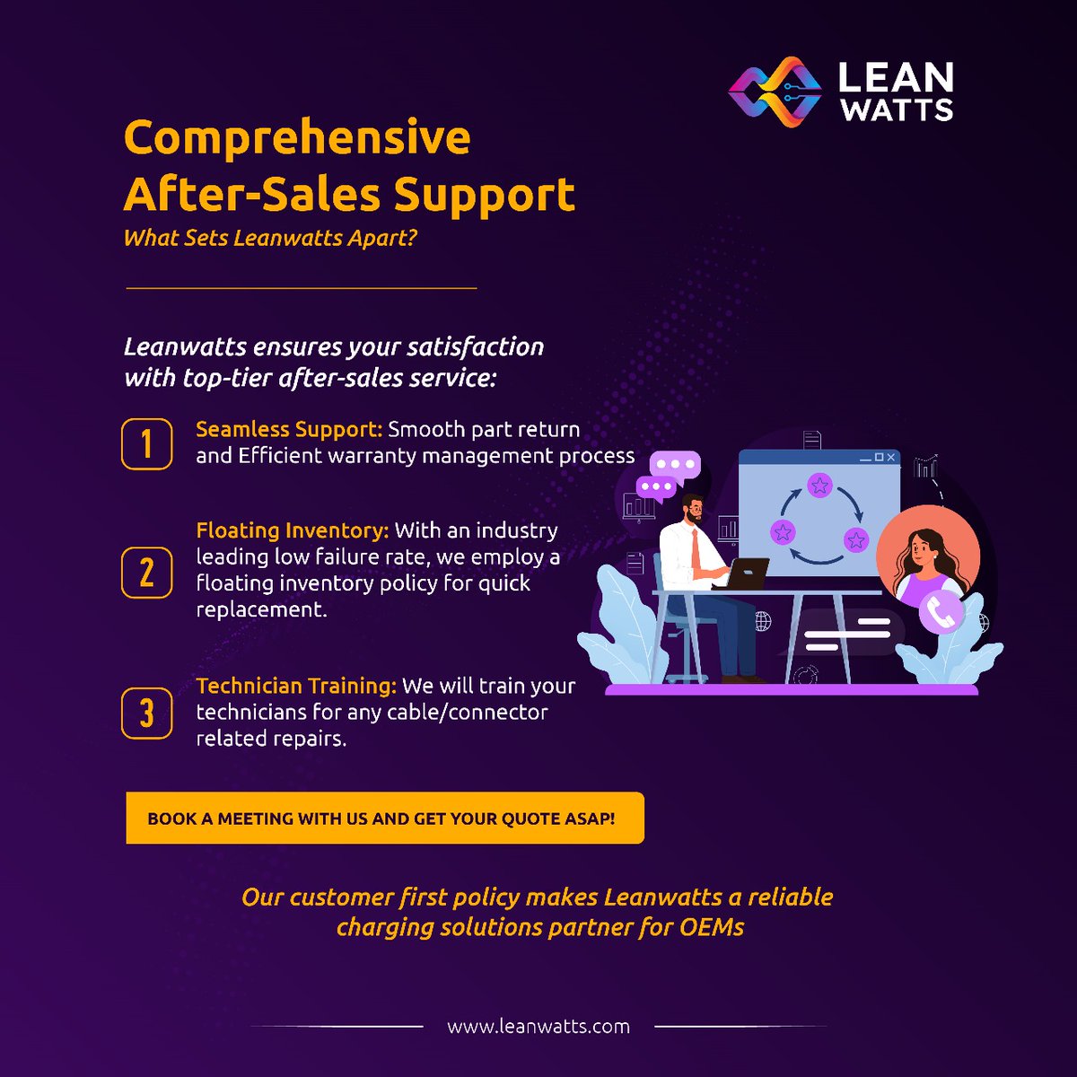 leanwattsindia's tweet photo. Unlock the ultimate support experience with Leanwatts! From fast replacements to expert training, we’re here to keep your EV charging seamless. Ready to partner with reliability? Book a meeting with us today! 🚗⚡ #Leanwatts #EVCharging #SupportYouCanTrust https://t.co/xV5DiRb9WW