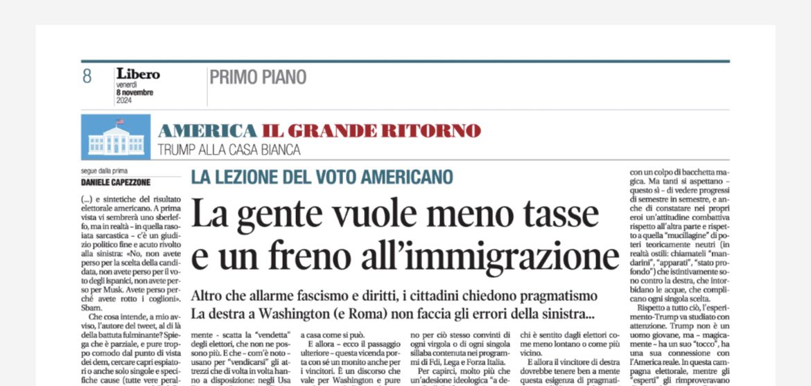 Capezzone's tweet image. Ecco la prima di oggi di @libero_official

LA PAX TRUMPIANA 

Mio commento. A Washington (come a Roma) i vincitori di destra non facciano in futuro gli errori che si sono rivelati fatali per gli sconfitti di sinistra: pragmatismo sì, ideologia no.