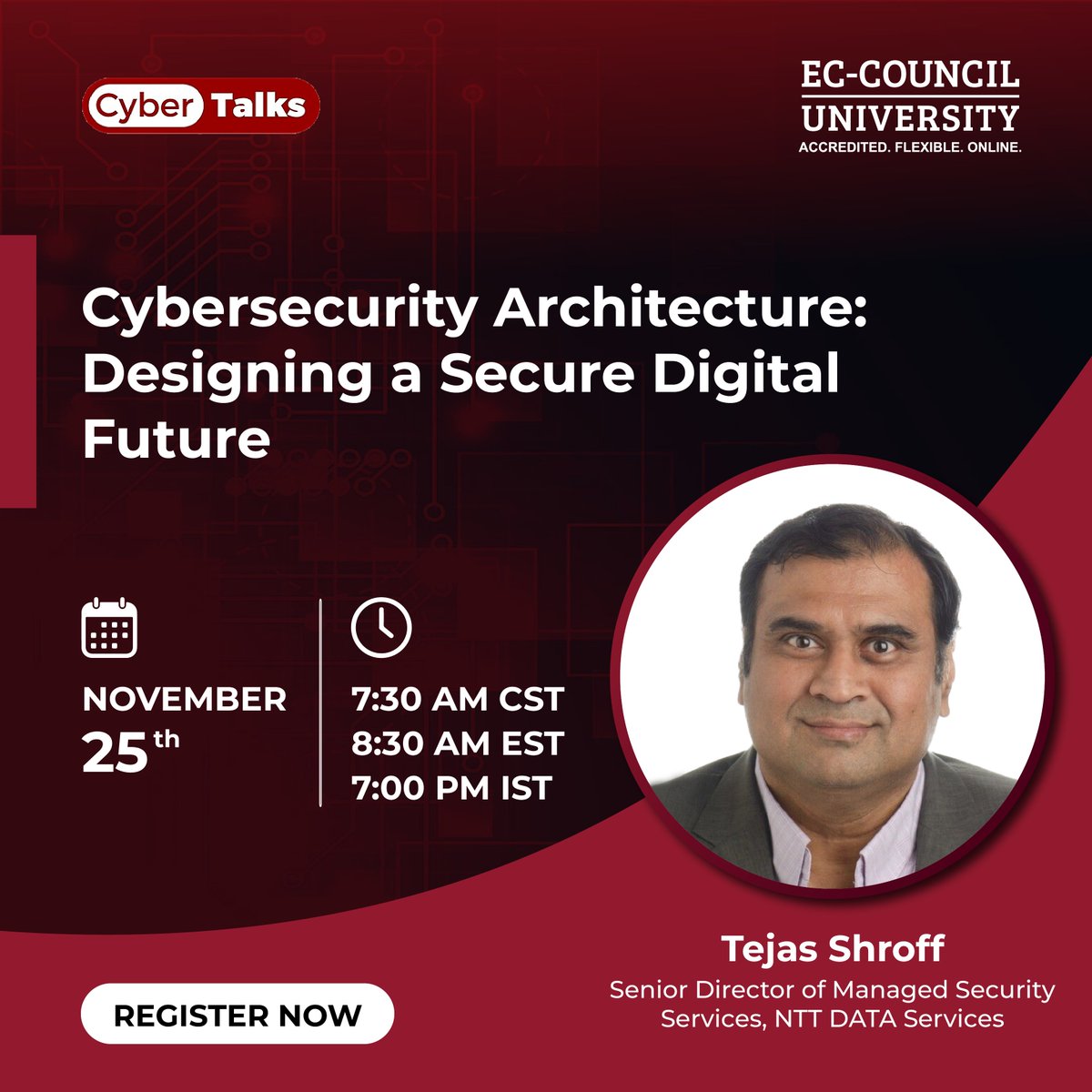 EC_Council_Univ's tweet image. Register now: attendee.gotowebinar.com/register/28366…

Join our November 25 #Webinar with Tejas Shroff to explore the critical components of #CybersecurityArchitecture. Explore advanced strategies to protect digital assets across complex environments—including #IoT, #Blockchain, and more.