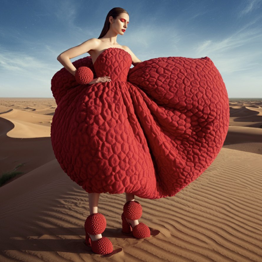 g__e___e's tweet photo. women, clothes that  look like a  Lychee, shoes that look like Lychee, the background is desert
#ImageFX #ai #aiart #art #aifashion #aiwork #foodfashion #fashionfood #foodart #lichee #ライチ https://t.co/cHTctqpaMP