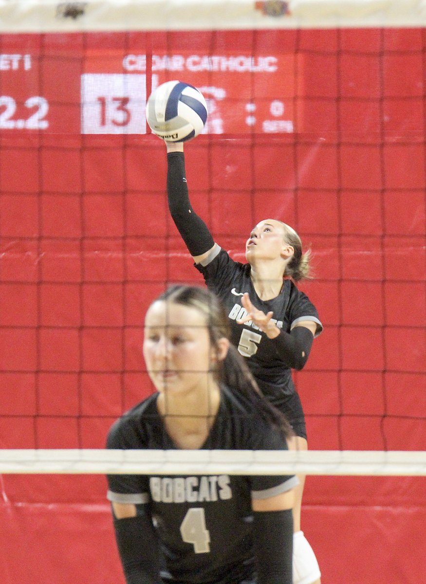 SCIStephanie's tweet photo. State VB: Miley Ricenbaw of @EMFVolleyball serves against Cambridge during the first round of the Class D1 state volleyball tournament. #emfbobcats #overthenet #focus https://t.co/9gpKRTrWFj