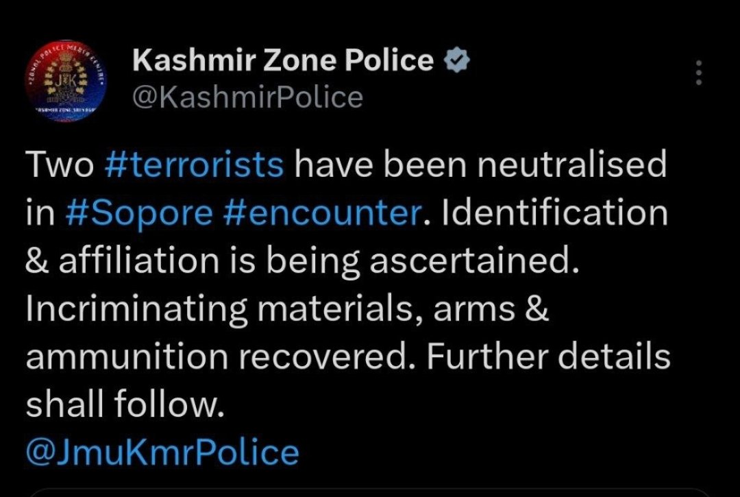 OsintTV's tweet image. 🚨🚨🚨Breaking:

Two terrorsts have been neutralised in #Sopore #encounter. Identification &amp;amp; affiliation is being ascertained. Incriminating materials, arms &amp;amp; ammunition recovered. Further details shall follow : JKP statement