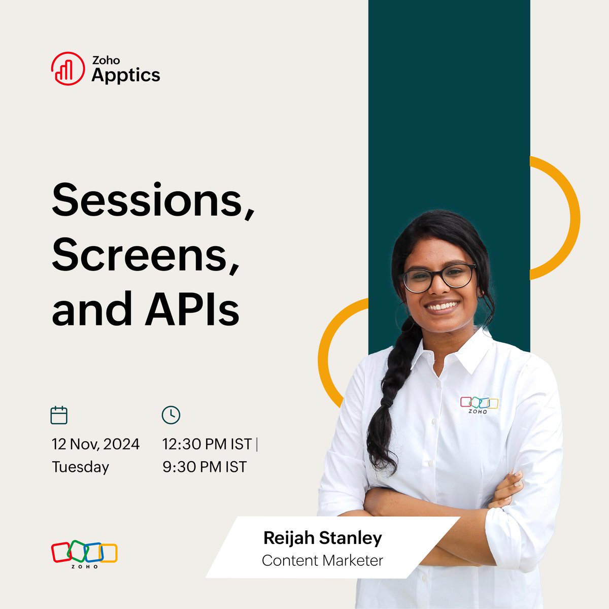 📣Join us on November 12th for a #FreeWebinar on #sessions, screens, and APIs.

Learn how to:
👉Gauge the quality of #UserInteractions
👉Analyze key #Engagement metrics
👉Optimize #AppDesign with data-backed insights

Register now - zoho.to/UOd

#Dev #Analytics #Apps