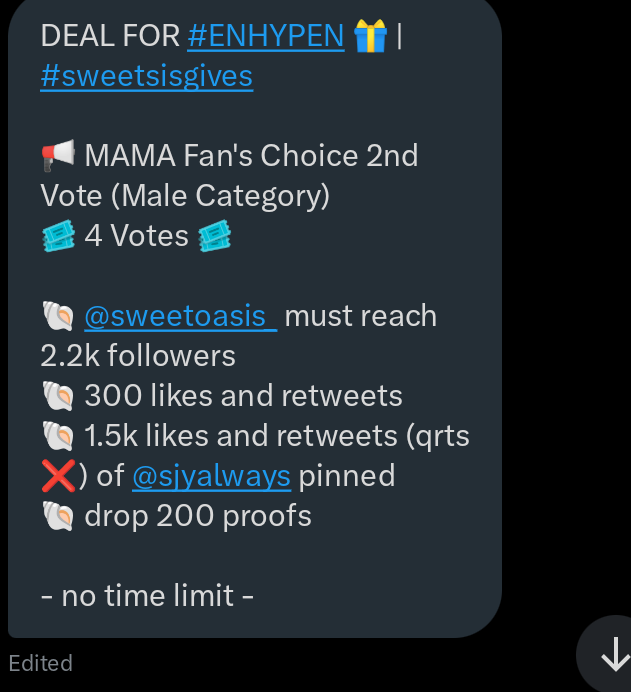 DEAL FOR #ENHYPEN 🎁 | #sweetsisgives 

📢 MAMA VISA Fan's Choice
🎟️ 4 Votes 🎟

🐚 <a href="/sweetoasis_/">cali</a> must reach 2.1k followers
🐚 200 likes and retweets
🐚 1.2k likes and retweets of <a href="/sjyalways/">laire : giveaway 📌</a> pinned
🐚 drop proofs

- no time limit -