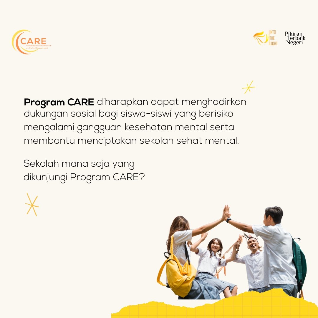 Melalui CARE, Into The Light melatih siswa &amp; guru jadi first-aider kesehatan mental dan mendorong sekolah membuat safeguarding policy agar laporan situasi krisis terstruktur &amp; aman. Seperti apa program CARE dan sekolah mana yg dikunjungi? 

#IntoTheLight #ITLforCARE #CARETogether
