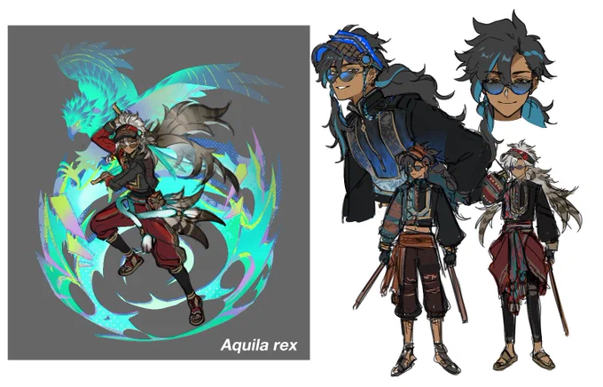 Some illustration compilation of my Natlan Genshin fan character, Bagwis + some initial coloured designs! 
