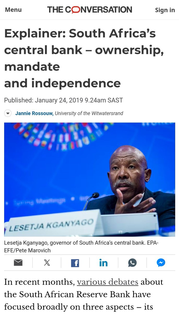 ifafricaunite's tweet photo. Leo ndio nimejua kuwa South African Reserve Bank (SARB) haimilikiwi na serikali ya South Africa. 

Kwa lugha nyepesi, ni kama vile kusema Benki Kuu ya Tanzania (BOT) haimilikiwi na serikali ya Tanzania! 

Hii Reserve Bank ya South Africa ni moja ya benki kuu chache sana duniani ambazo zinamilikiwa na wawekezaji binafsi badala ya kuwa mali ya serikali.

Soma zaidi..