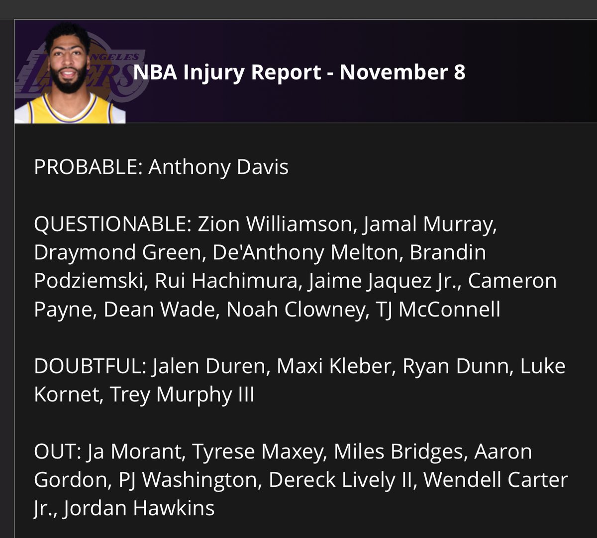 DKNetwork's tweet photo. NBA FRIDAY SLATE UPDATE: Anthony Davis is questionable and headlines the early injury report for Friday's #NBA slate on #DraftKings.  

For more, check out @DKNetwork throughout the day for the latest news, injuries, and updates. https://t.co/SnmKoAH0gt