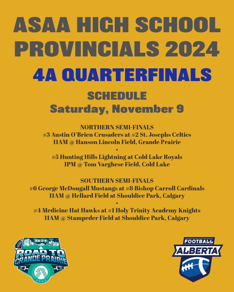 FootballAlberta's tweet photo. Good luck to all the teams playing for a semi-final spot in the ASAA Provincials this Saturday, November 9. We will bring you final scores as each Tier ends their games.
๐๐
#football #footballalberta #asaaprovs #highschoolfootball #provincials https://t.co/uoq5qGjPWs